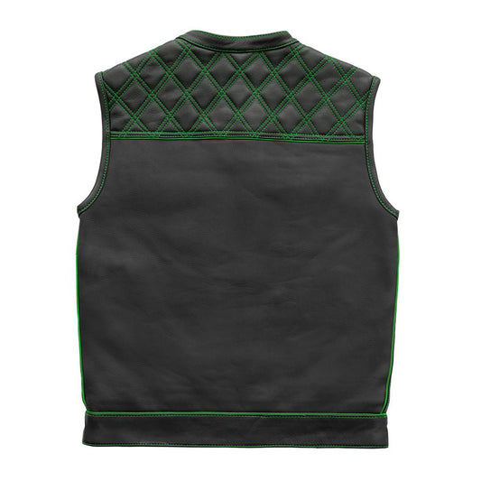 Men's Club Style Leather Motorcycle Vest- "Finish Line" Green Checker lining