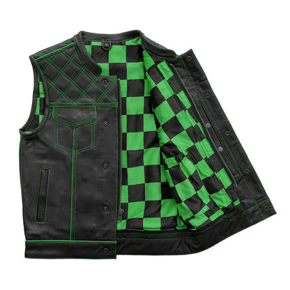 Men's Club Style Leather Motorcycle Vest- "Finish Line" Green Checker lining
