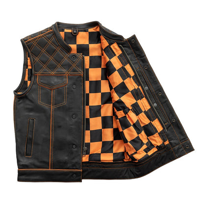 Men's Club Style Leather Motorcycle Vest- "Finish Line" with Orange Checker Lining