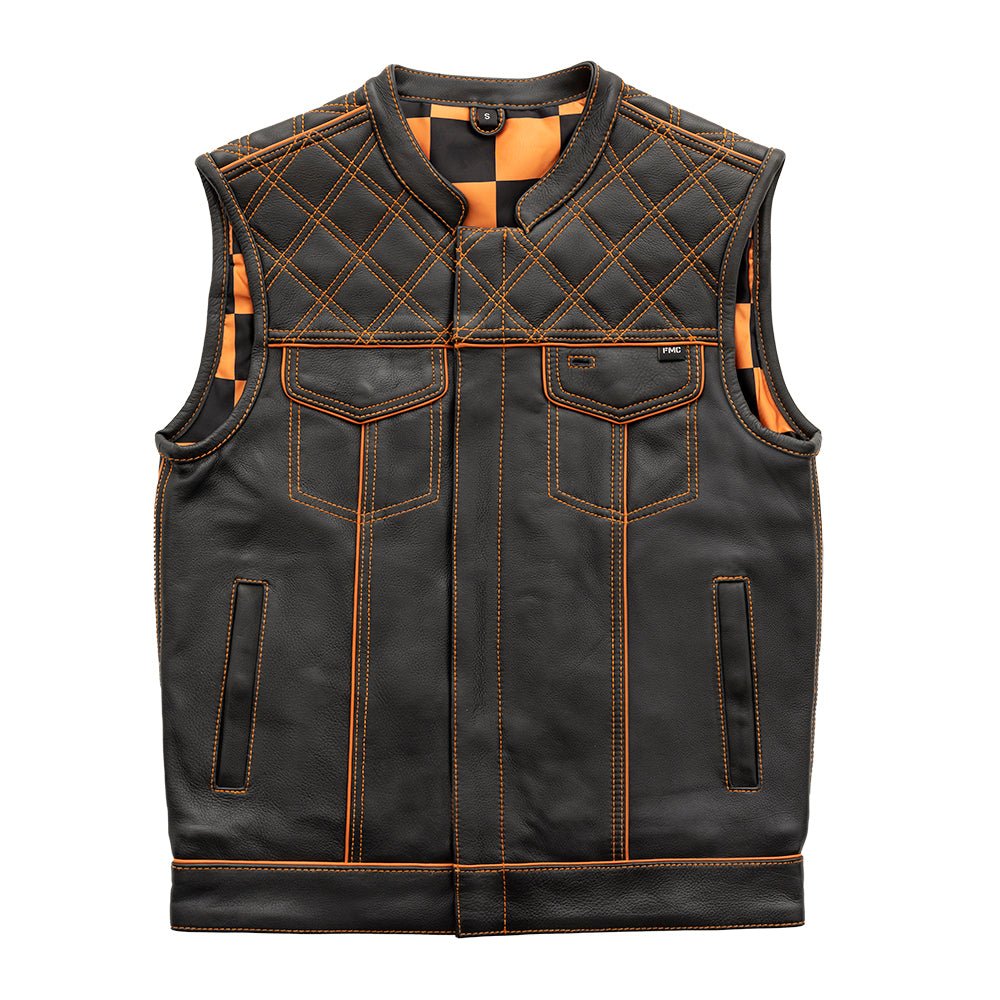 Men's Club Style Leather Motorcycle Vest- "Finish Line" with Orange Checker Lining