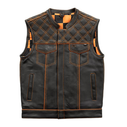 Men's Club Style Leather Motorcycle Vest- "Finish Line" with Orange Checker Lining