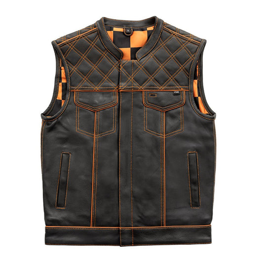 Men's Club Style Leather Motorcycle Vest- "Finish Line" with Orange Checker Lining