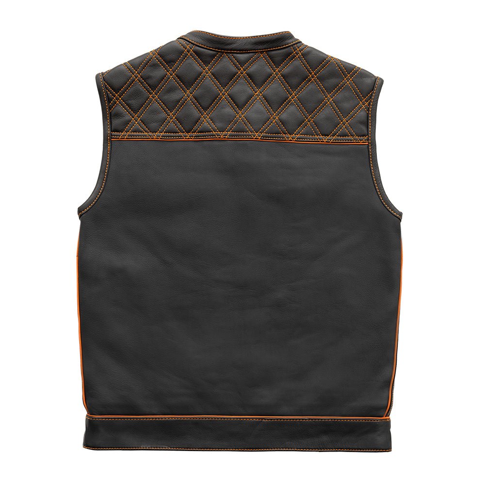Men's Club Style Leather Motorcycle Vest- "Finish Line" with Orange Checker Lining