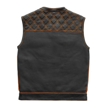 Men's Club Style Leather Motorcycle Vest- "Finish Line" with Orange Checker Lining