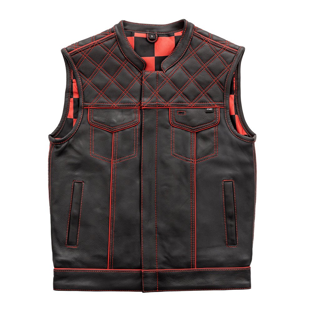 Men's Club Style Leather Motorcycle Vest- "Finish Line" with Red Checker Lining