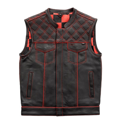 Men's Club Style Leather Motorcycle Vest- "Finish Line" with Red Checker Lining