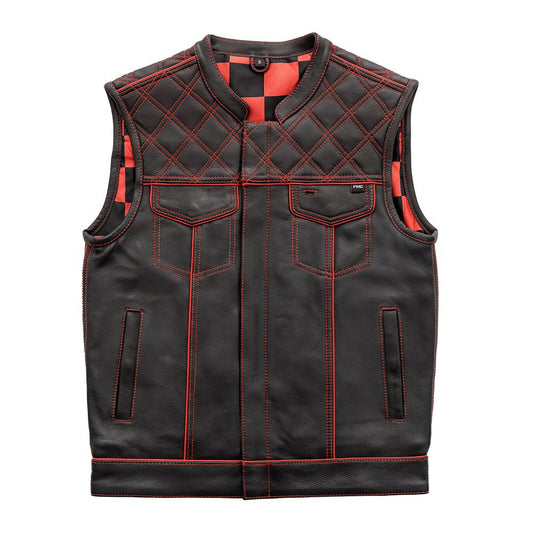 Men's Club Style Leather Motorcycle Vest- "Finish Line" with Red Checker Lining