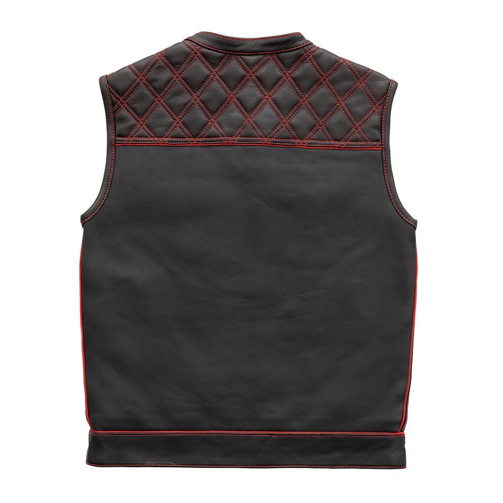 Men's Club Style Leather Motorcycle Vest- "Finish Line" with Red Checker Lining