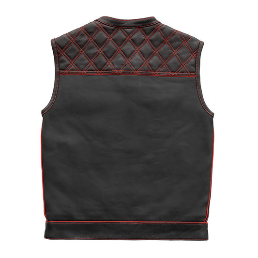 Men's Club Style Leather Motorcycle Vest- "Finish Line" with Red Checker Lining
