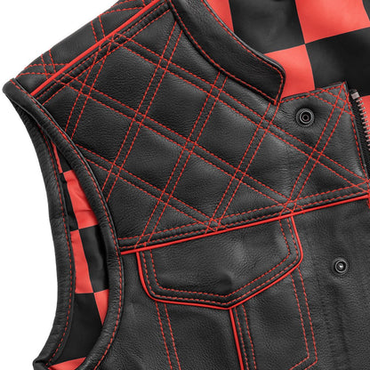 Men's Club Style Leather Motorcycle Vest- "Finish Line" with Red Checker Lining