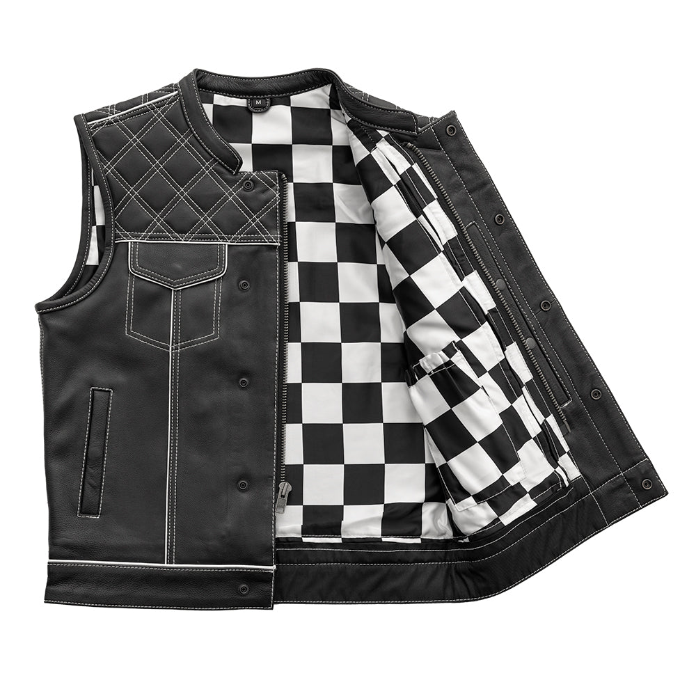 Men's Club Style Leather Motorcycle Vest- "Finish Line" with White Checker Lining