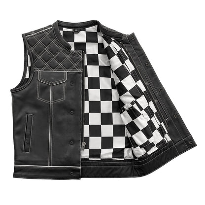 Men's Club Style Leather Motorcycle Vest- "Finish Line" with White Checker Lining