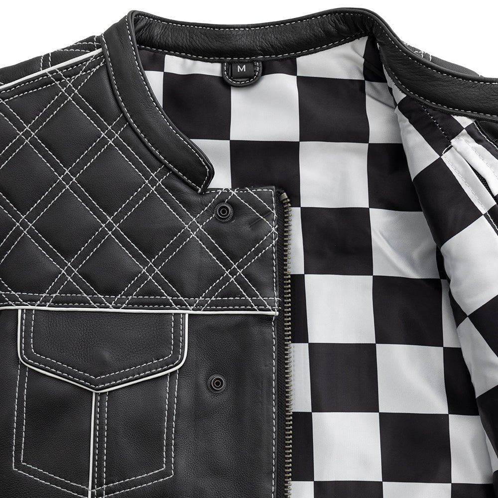 Men's Club Style Leather Motorcycle Vest- "Finish Line" with White Checker Lining