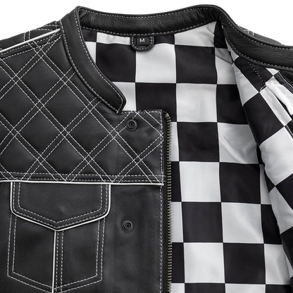 Men's Club Style Leather Motorcycle Vest- "Finish Line" with White Checker Lining