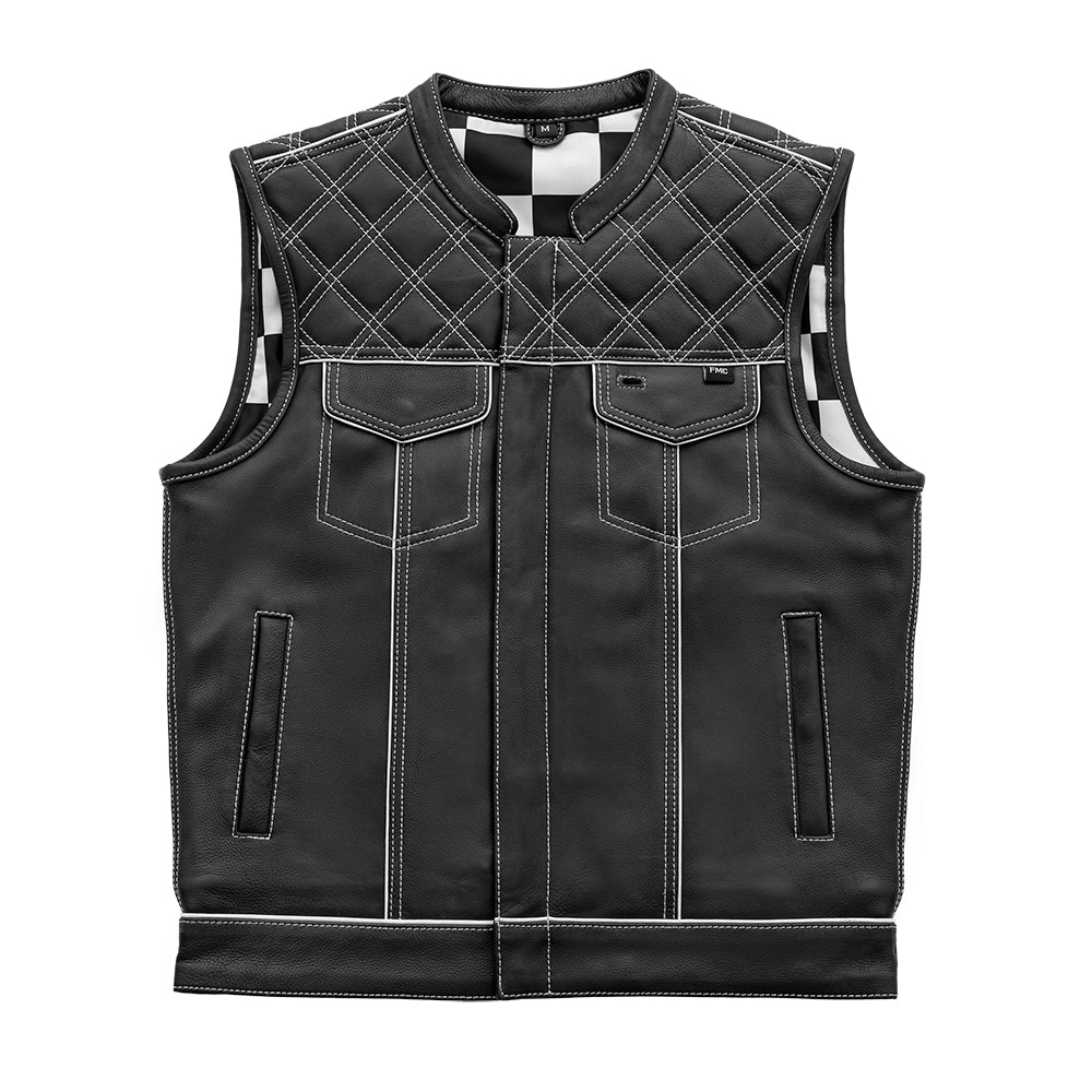 Men's Club Style Leather Motorcycle Vest- "Finish Line" with White Checker Lining