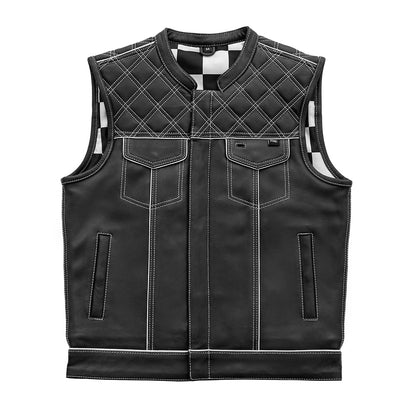 Men's Club Style Leather Motorcycle Vest- "Finish Line" with White Checker Lining