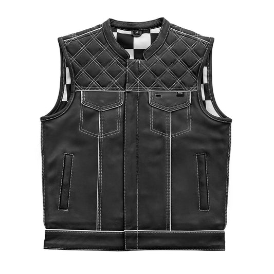 Men's Club Style Leather Motorcycle Vest- "Finish Line" with White Checker Lining