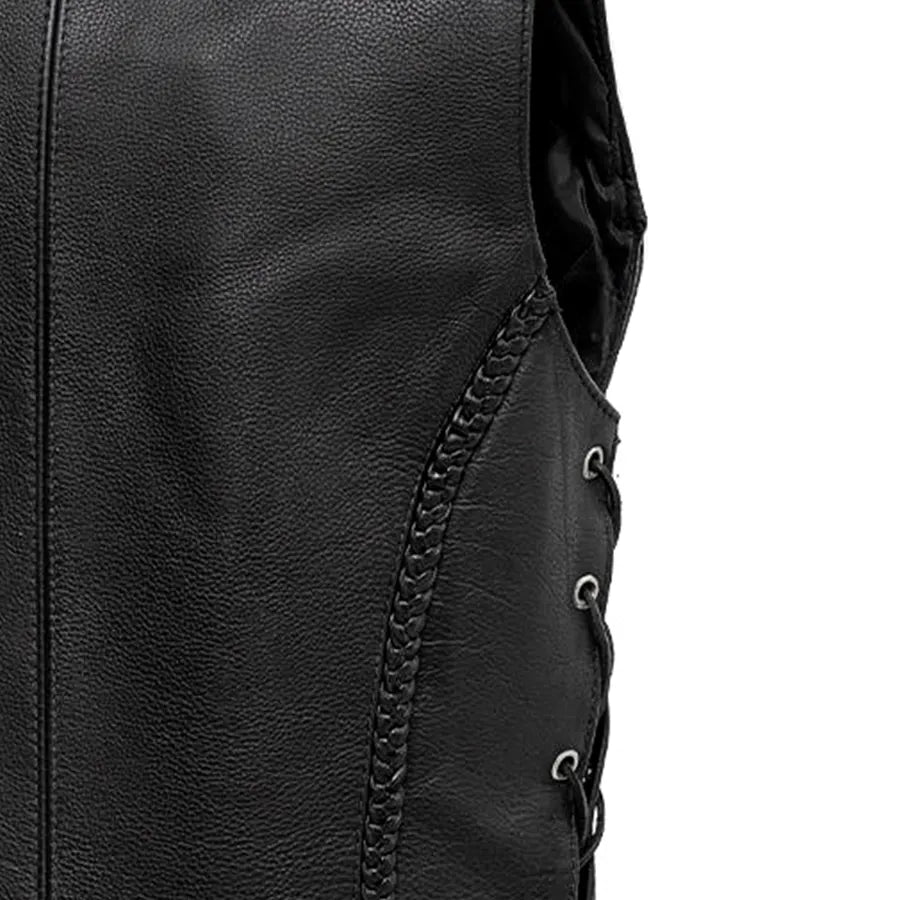 Women's Black Leather Western Style Motorcycle Vest- Trinity