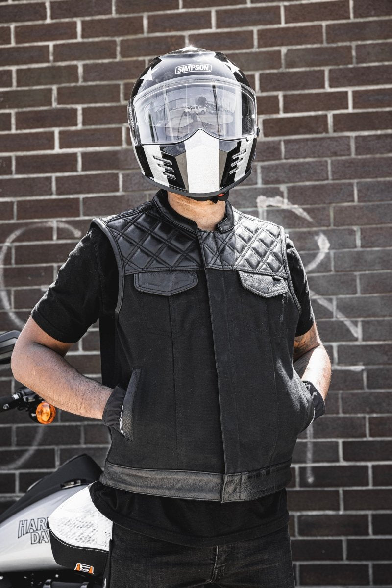 Men's Motorcycle club style Leather and black canvas vest