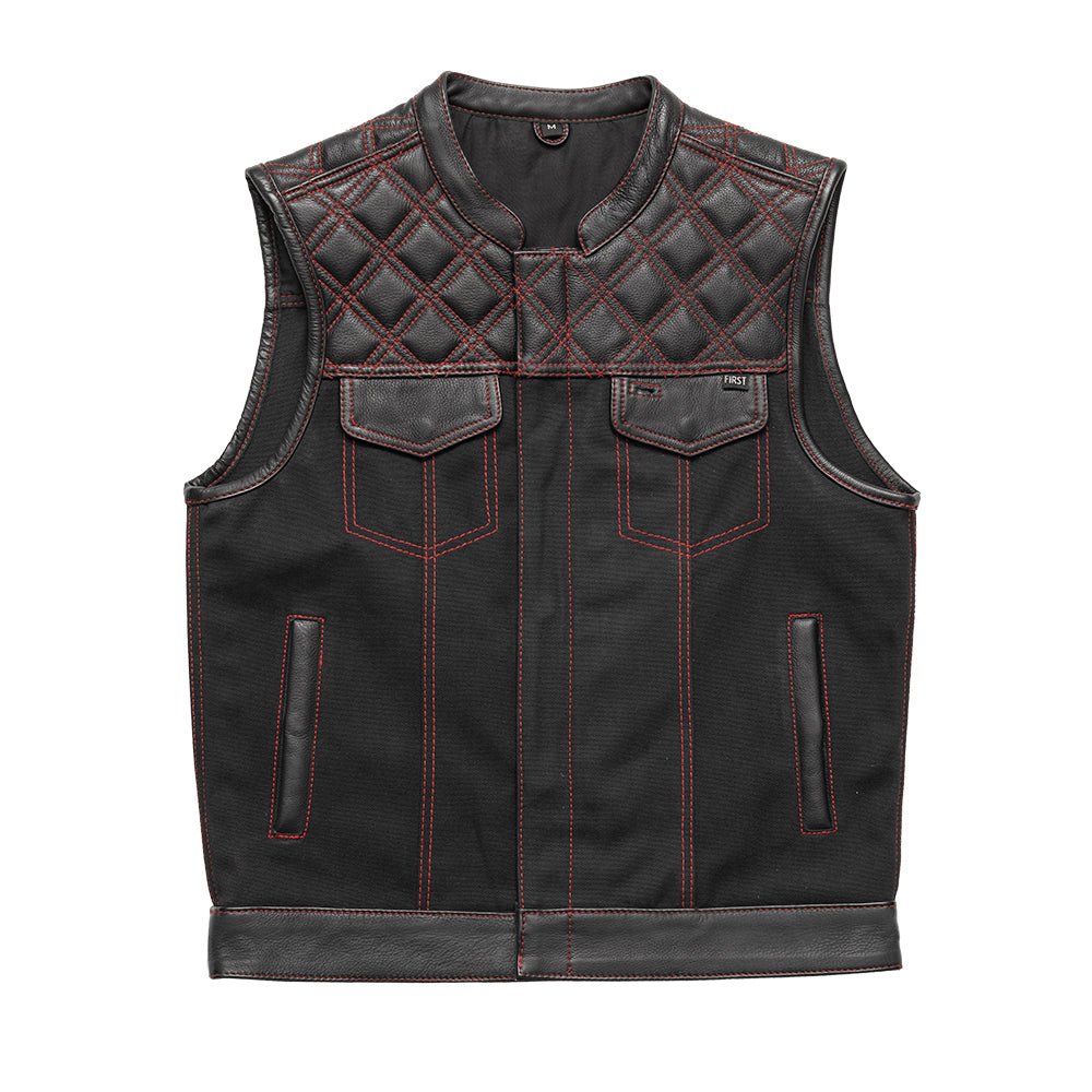 Motorcycle club style leather and black Canvas Vest with red stitching