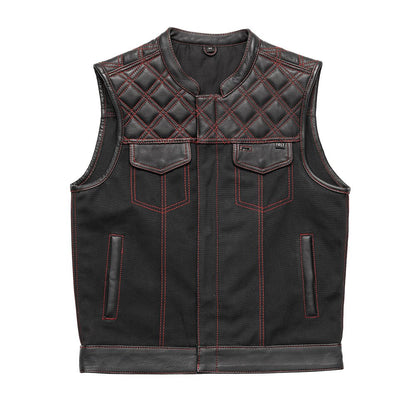 Motorcycle club style leather and black Canvas Vest with red stitching