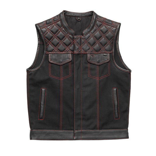 Motorcycle club style leather and black Canvas Vest with red stitching