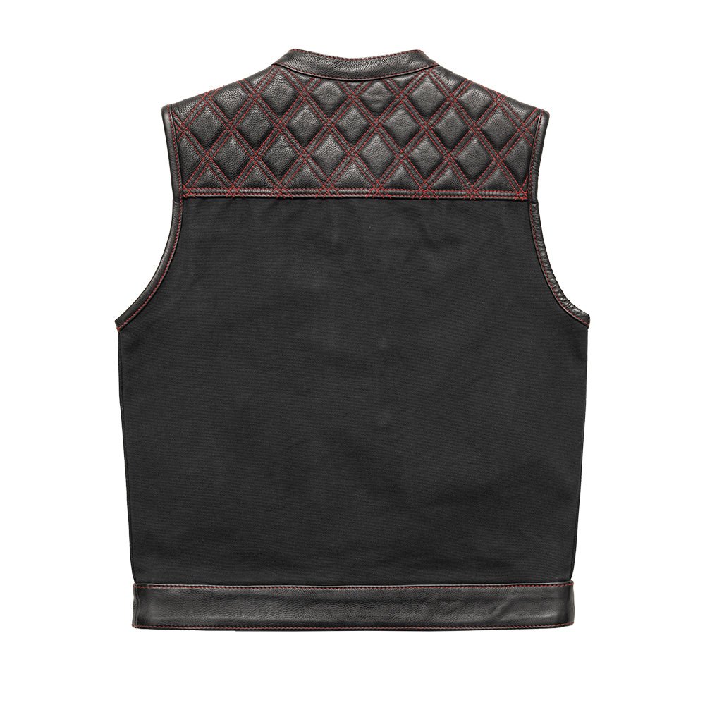 Motorcycle club style leather and black Canvas Vest with red stitching