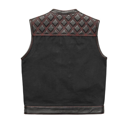 Motorcycle club style leather and black Canvas Vest with red stitching