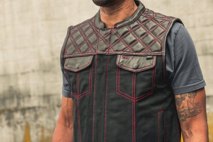 Motorcycle club style leather and black Canvas Vest with red stitching