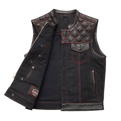 Motorcycle club style leather and black Canvas Vest with red stitching