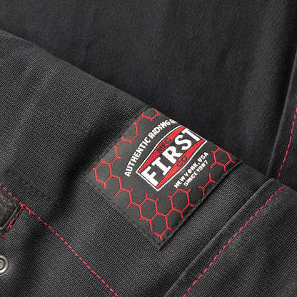 Motorcycle club style leather and black Canvas Vest with red stitching