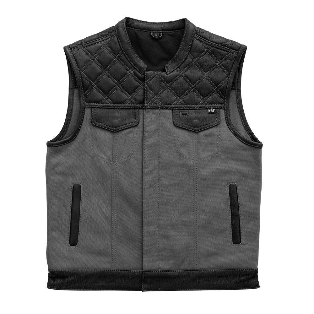 Motorcycle club style, leather and grey canvas vest