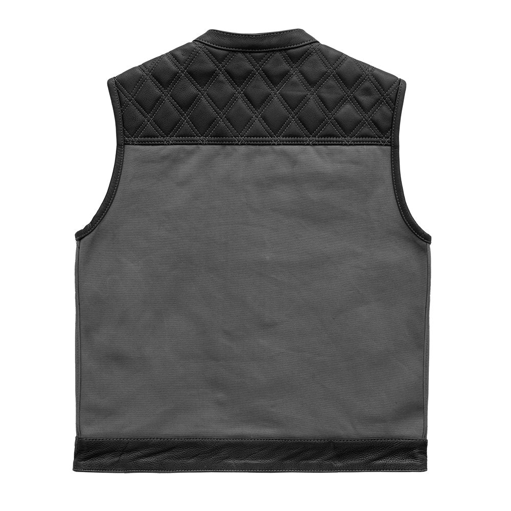 Motorcycle club style, leather and grey canvas vest