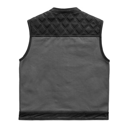 Motorcycle club style, leather and grey canvas vest