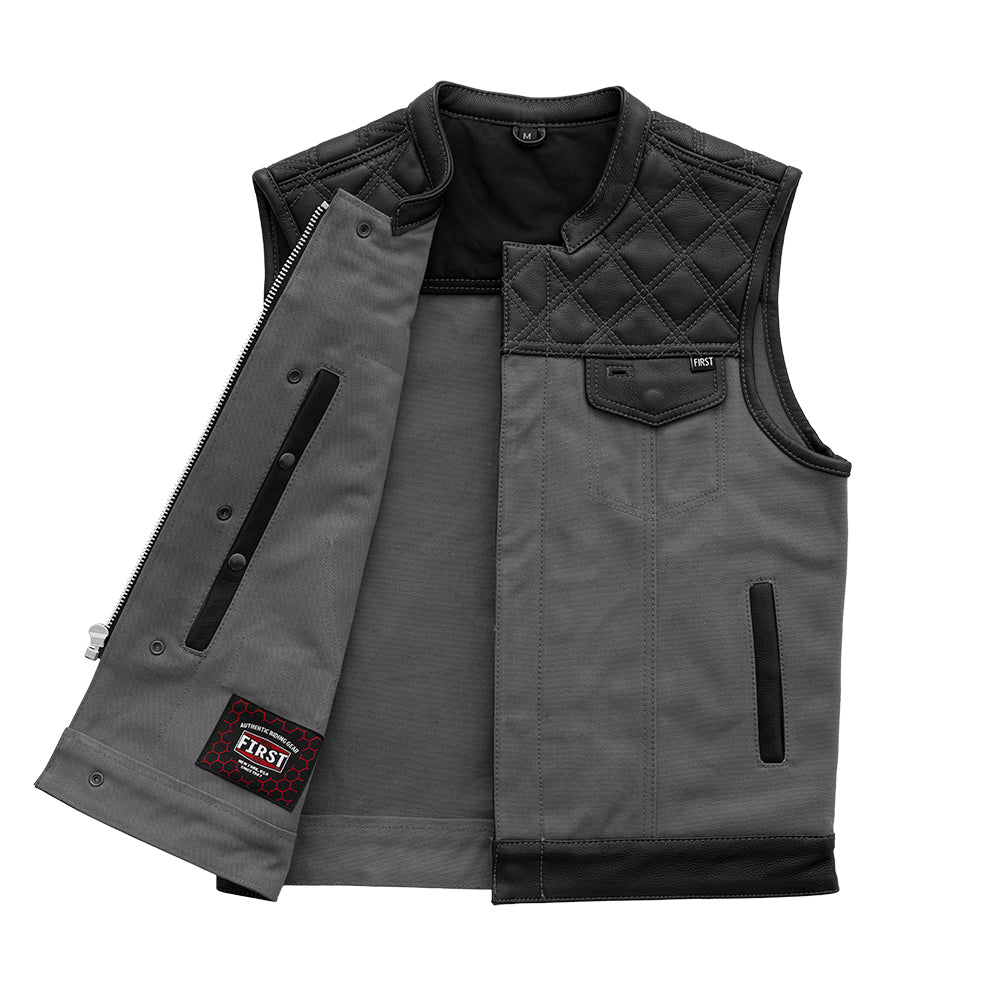 Motorcycle club style, leather and grey canvas vest