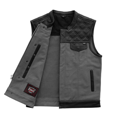Motorcycle club style, leather and grey canvas vest