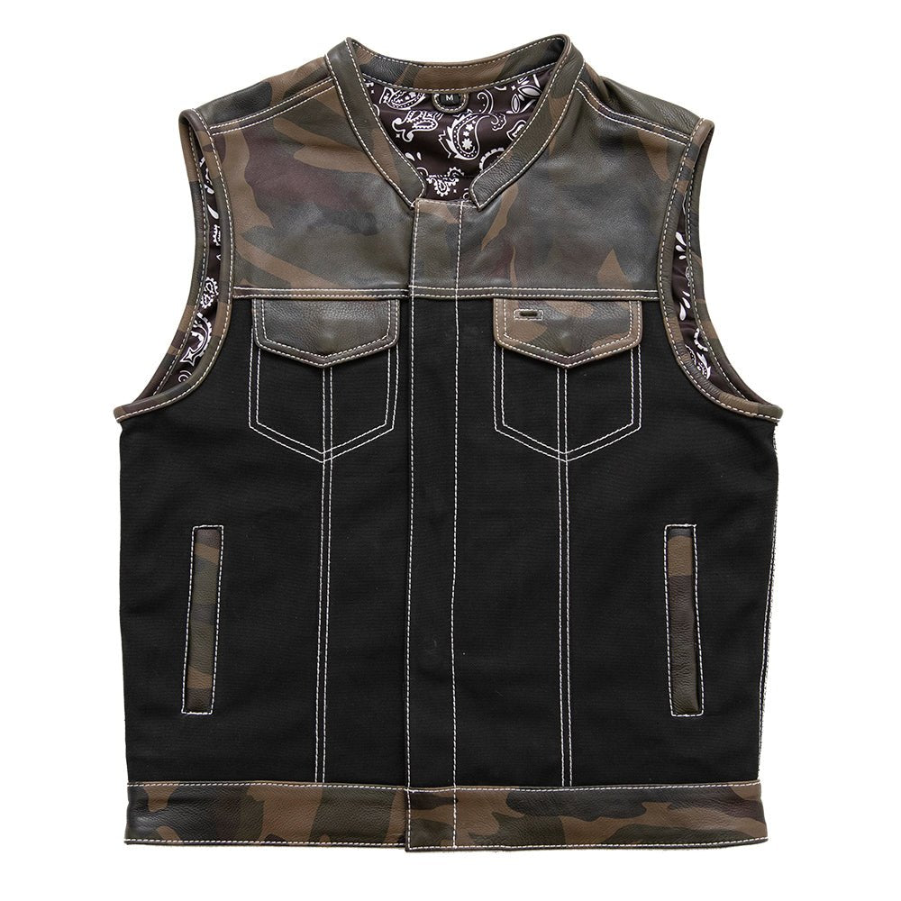 Men's Motorcycle Club Style Camo Leather and Black Canvas Vest