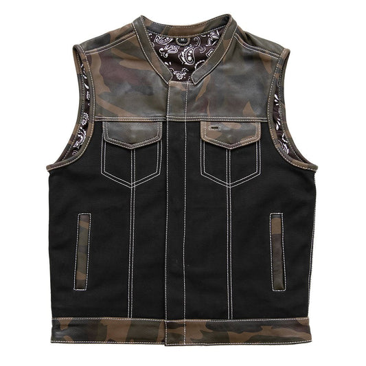 Men's Motorcycle Club Style Camo Leather and Black Canvas Vest