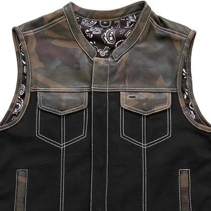 Men's Motorcycle Club Style Camo Leather and Black Canvas Vest