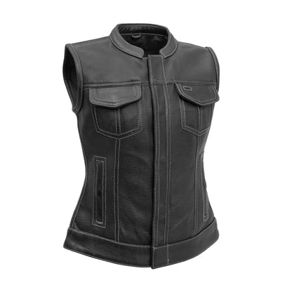 Women's Motorcycle Club Style Perforated Leather Vest, Red or Grey thread- "Jess"