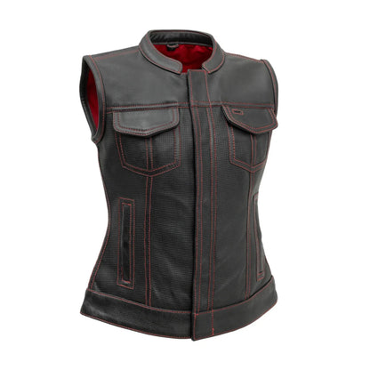 Women's Motorcycle Club Style Perforated Leather Vest, Red or Grey thread- "Jess"