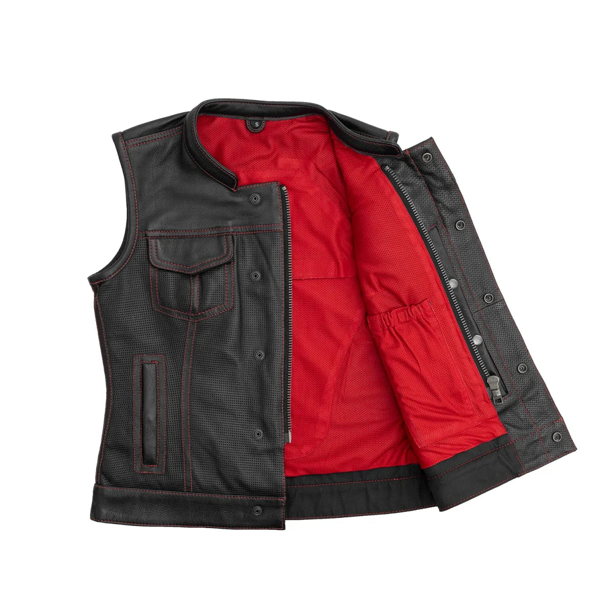 Women's Motorcycle Club Style Perforated Leather Vest, Red or Grey thread- "Jess"