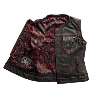 Women's Motorcycle Club Style Leather Vest - Black Leather with Red Stitching- Limited Edition "Jessica"