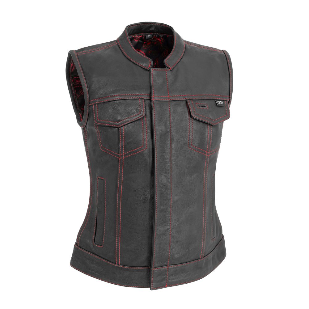 Women's Motorcycle Club Style Leather Vest - Black Leather with Red Stitching- Limited Edition "Jessica"