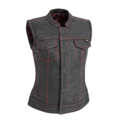 Women's Motorcycle Club Style Leather Vest - Black Leather with Red Stitching- Limited Edition "Jessica"
