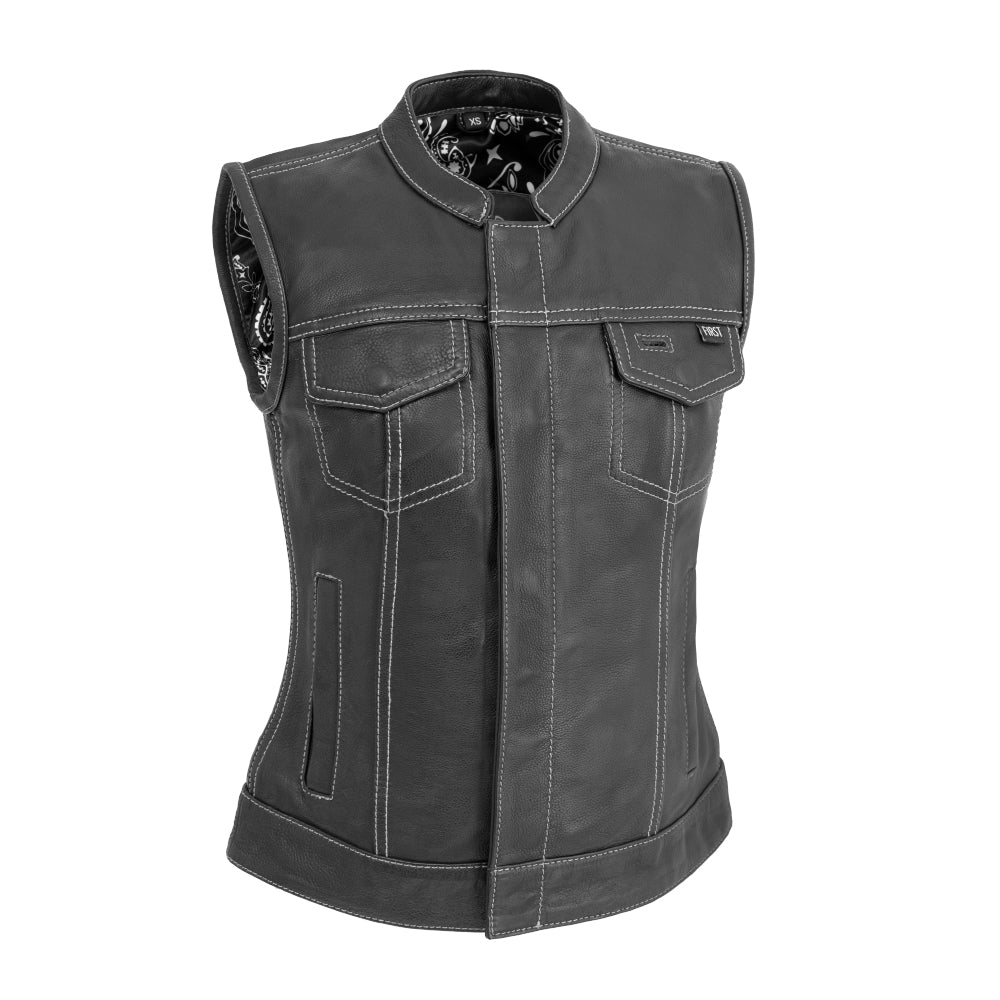 Women's Motorcycle Club Style Leather Vest - White lined - "Jessica"