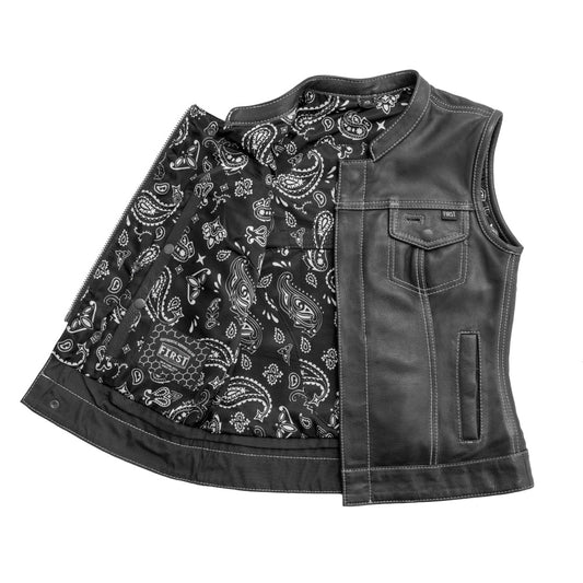 Women's Motorcycle Club Style Leather Vest - White lined - "Jessica"