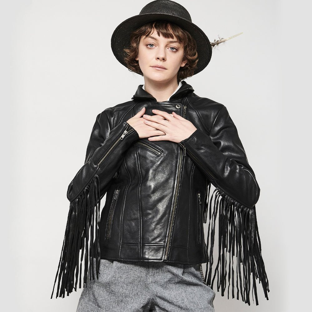 Women's Classic Leather Motorcycle Riding Jacket with fringe- "Lesley"
