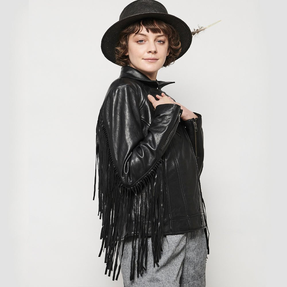 Women's Classic Leather Motorcycle Riding Jacket with fringe- "Lesley"