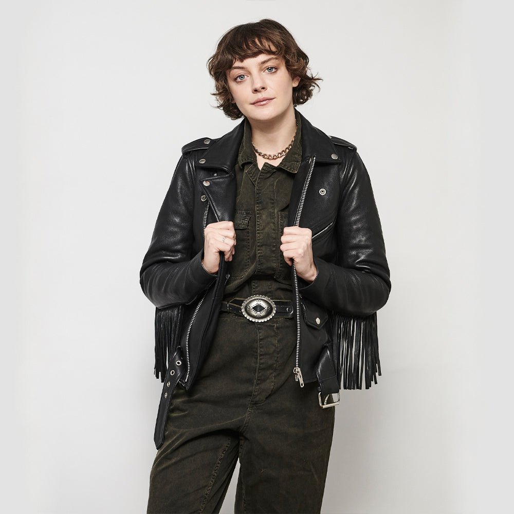 Women's Classic Leather Motorcycle Riding Jacket with fringe- "Lesley"